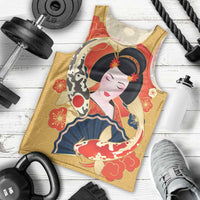 Japanese Geisha Koi Fish Men Tank Top Cherry Blossoms Yellow Seigaiha Pattern LT14 - Polynesian Pride
