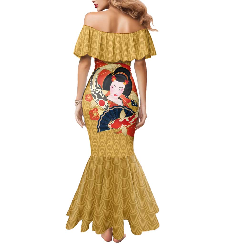 Japanese Geisha Koi Fish Mermaid Dress Cherry Blossoms Yellow Seigaiha Pattern LT14 - Polynesian Pride