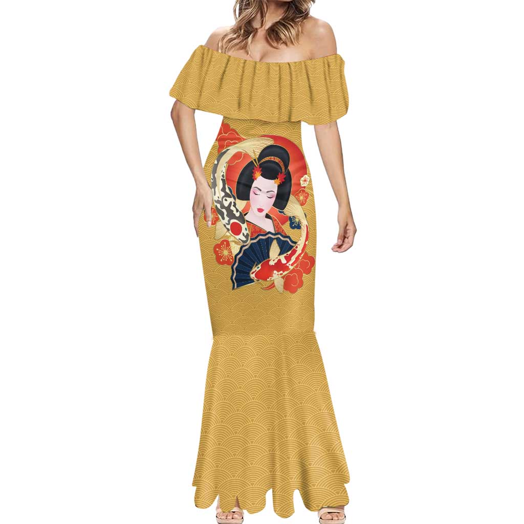Japanese Geisha Koi Fish Mermaid Dress Cherry Blossoms Yellow Seigaiha Pattern LT14 - Polynesian Pride