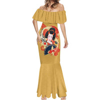 Japanese Geisha Koi Fish Mermaid Dress Cherry Blossoms Yellow Seigaiha Pattern LT14 - Polynesian Pride