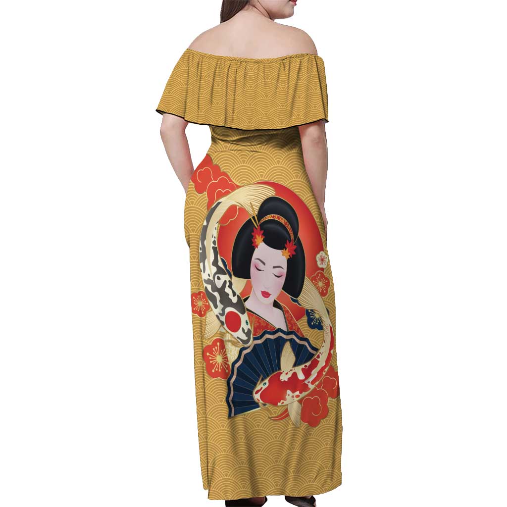 Japanese Geisha Koi Fish Off Shoulder Maxi Dress Cherry Blossoms Yellow Seigaiha Pattern LT14 - Polynesian Pride