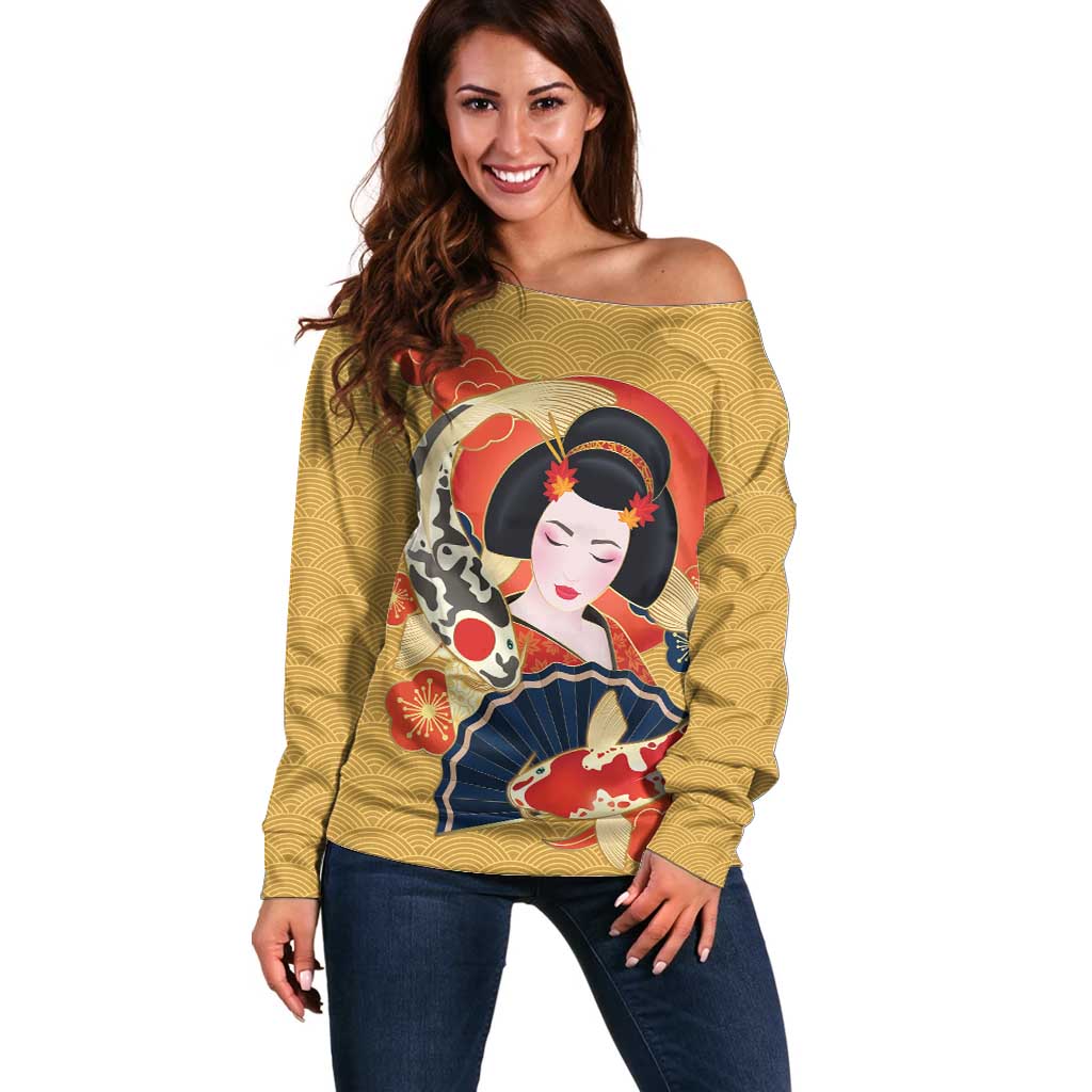 Japanese Geisha Koi Fish Off Shoulder Sweater Cherry Blossoms Yellow Seigaiha Pattern LT14 Women Yellow - Polynesian Pride