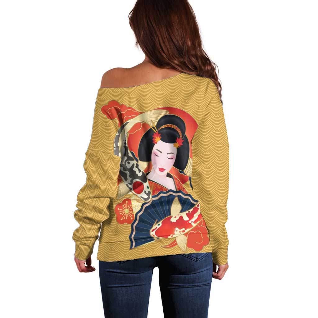 Japanese Geisha Koi Fish Off Shoulder Sweater Cherry Blossoms Yellow Seigaiha Pattern LT14 - Polynesian Pride