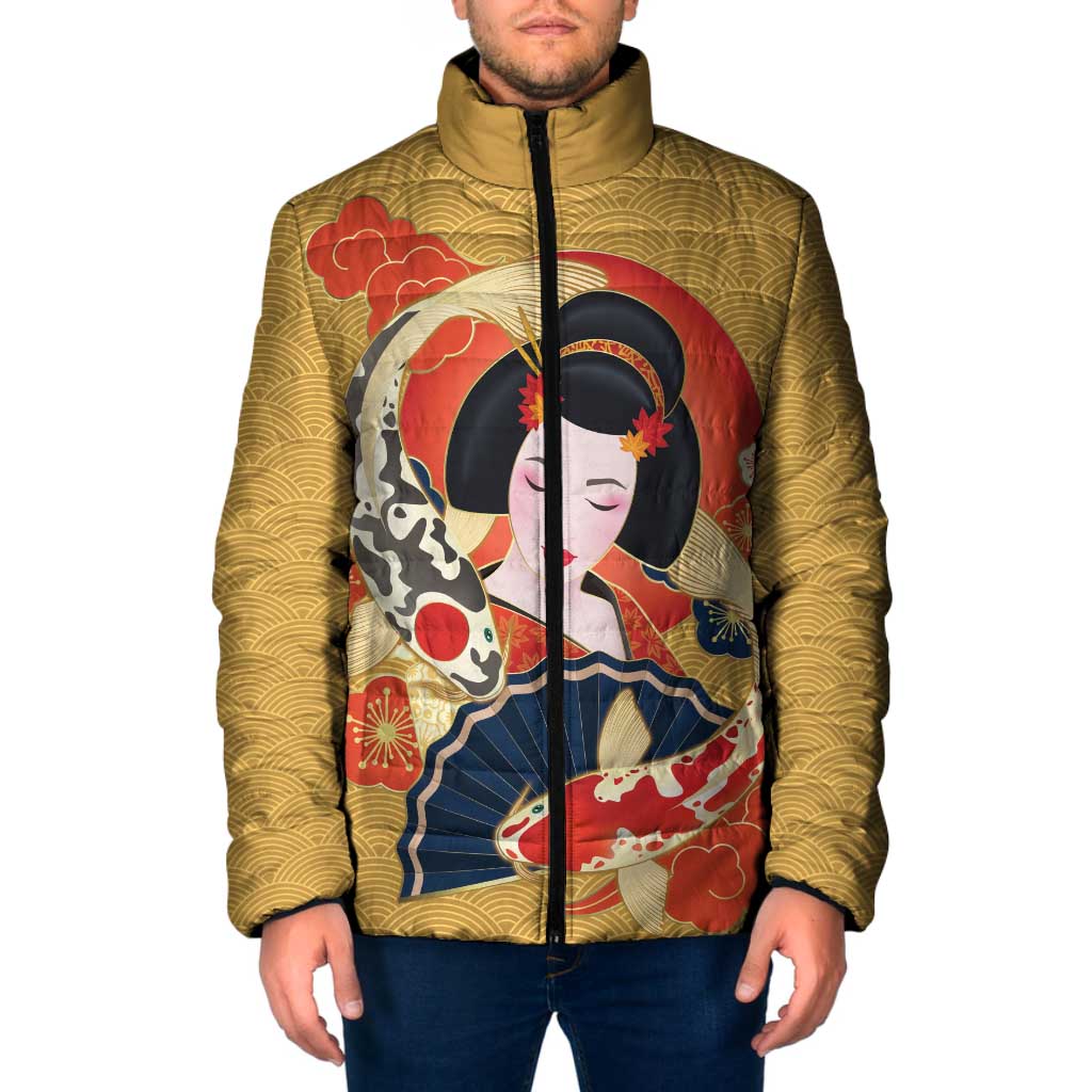 Japanese Geisha Koi Fish Padded Jacket Cherry Blossoms Yellow Seigaiha Pattern LT14 Men Yellow - Polynesian Pride