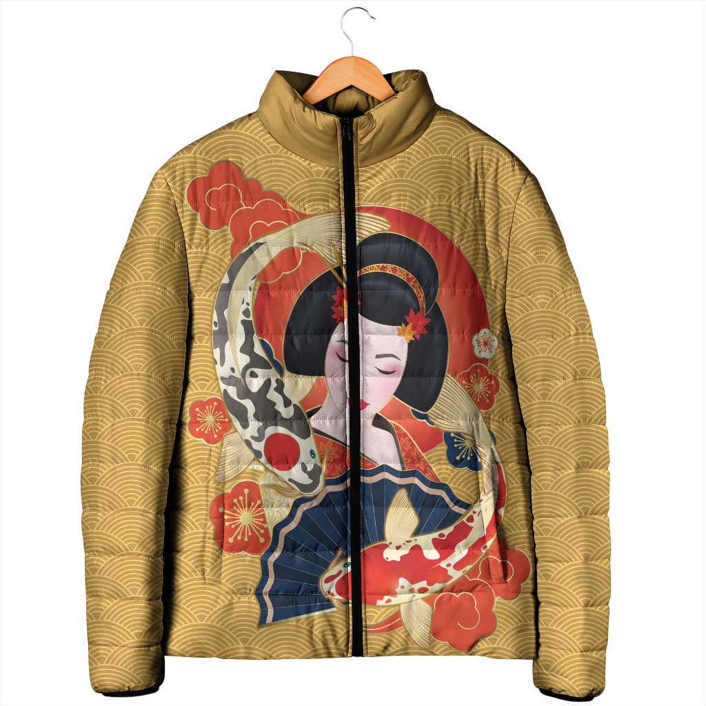 Japanese Geisha Koi Fish Padded Jacket Cherry Blossoms Yellow Seigaiha Pattern LT14 - Polynesian Pride