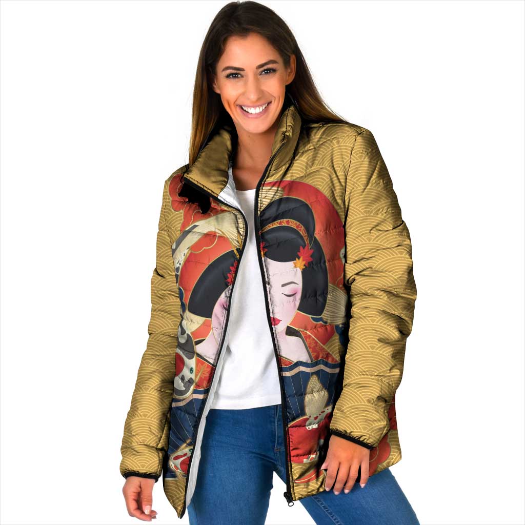 Japanese Geisha Koi Fish Padded Jacket Cherry Blossoms Yellow Seigaiha Pattern LT14 Women Yellow - Polynesian Pride