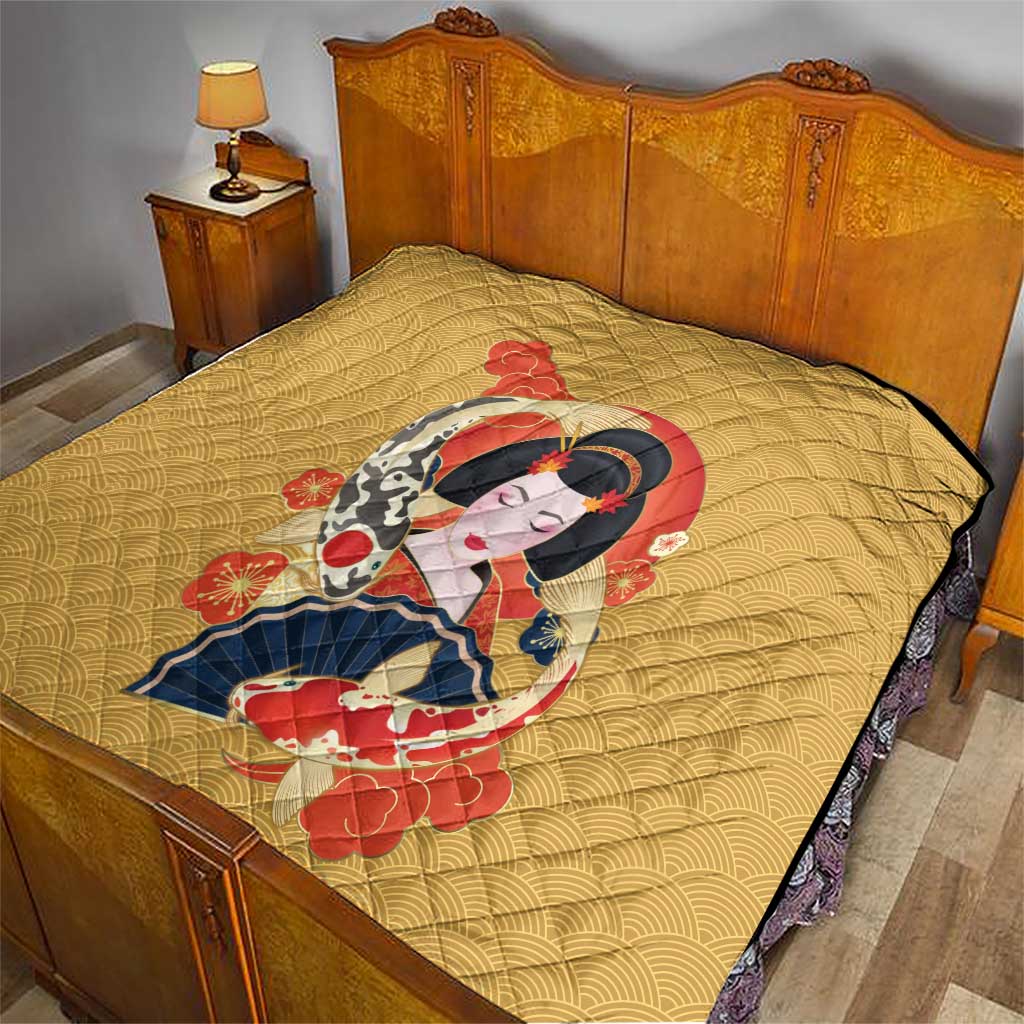 Japanese Geisha Koi Fish Quilt Cherry Blossoms Yellow Seigaiha Pattern - Polynesian Pride
