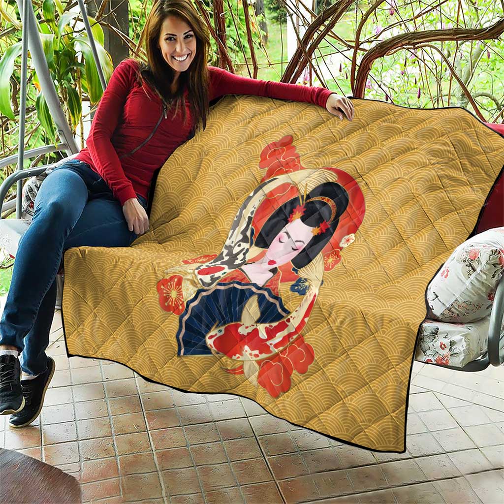 Japanese Geisha Koi Fish Quilt Cherry Blossoms Yellow Seigaiha Pattern - Polynesian Pride