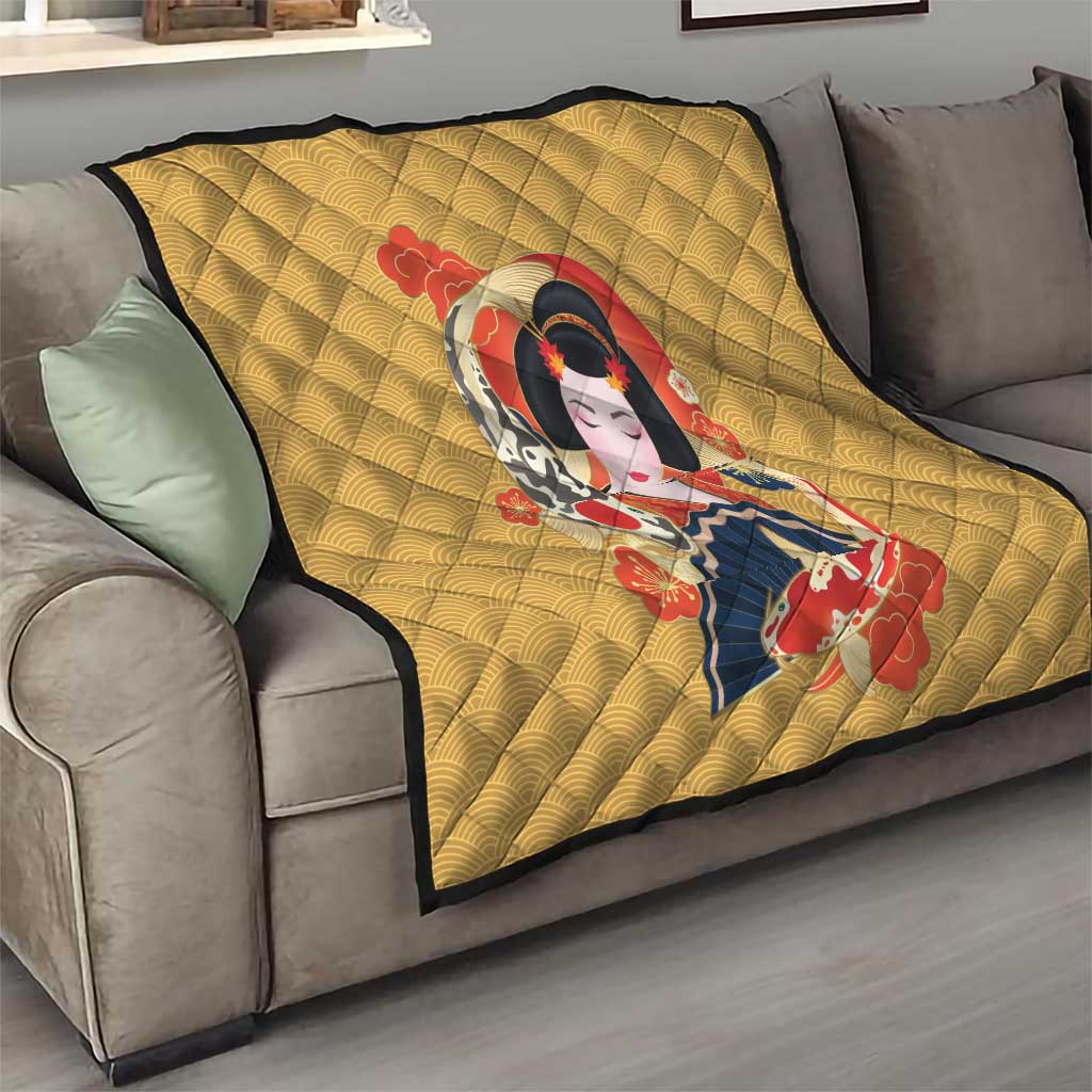 Japanese Geisha Koi Fish Quilt Cherry Blossoms Yellow Seigaiha Pattern - Polynesian Pride