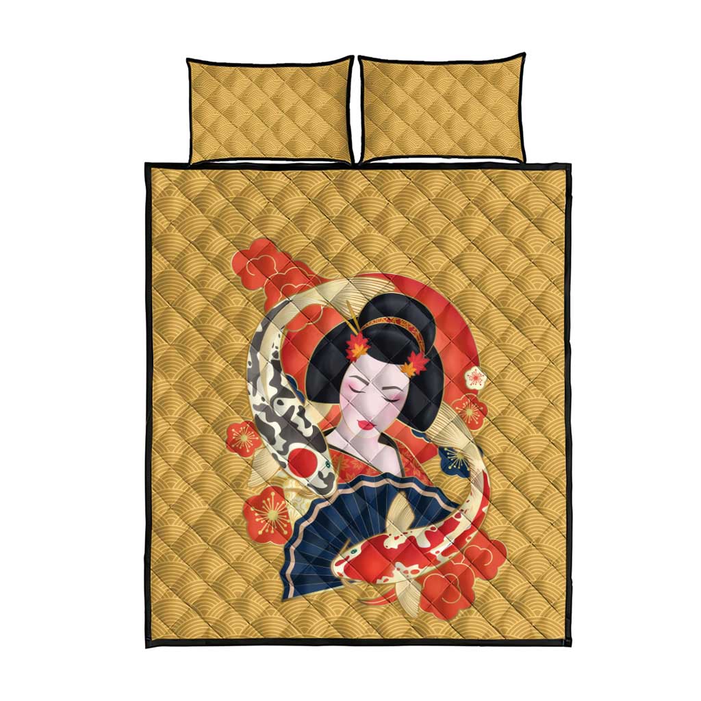 Japanese Geisha Koi Fish Quilt Bed Set Cherry Blossoms Yellow Seigaiha Pattern - Polynesian Pride