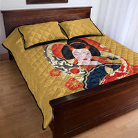 Japanese Geisha Koi Fish Quilt Bed Set Cherry Blossoms Yellow Seigaiha Pattern - Polynesian Pride