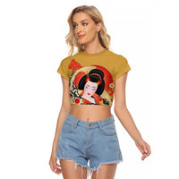 Japanese Geisha Koi Fish Raglan Cropped T Shirt Cherry Blossoms Yellow Seigaiha Pattern - Polynesian Pride