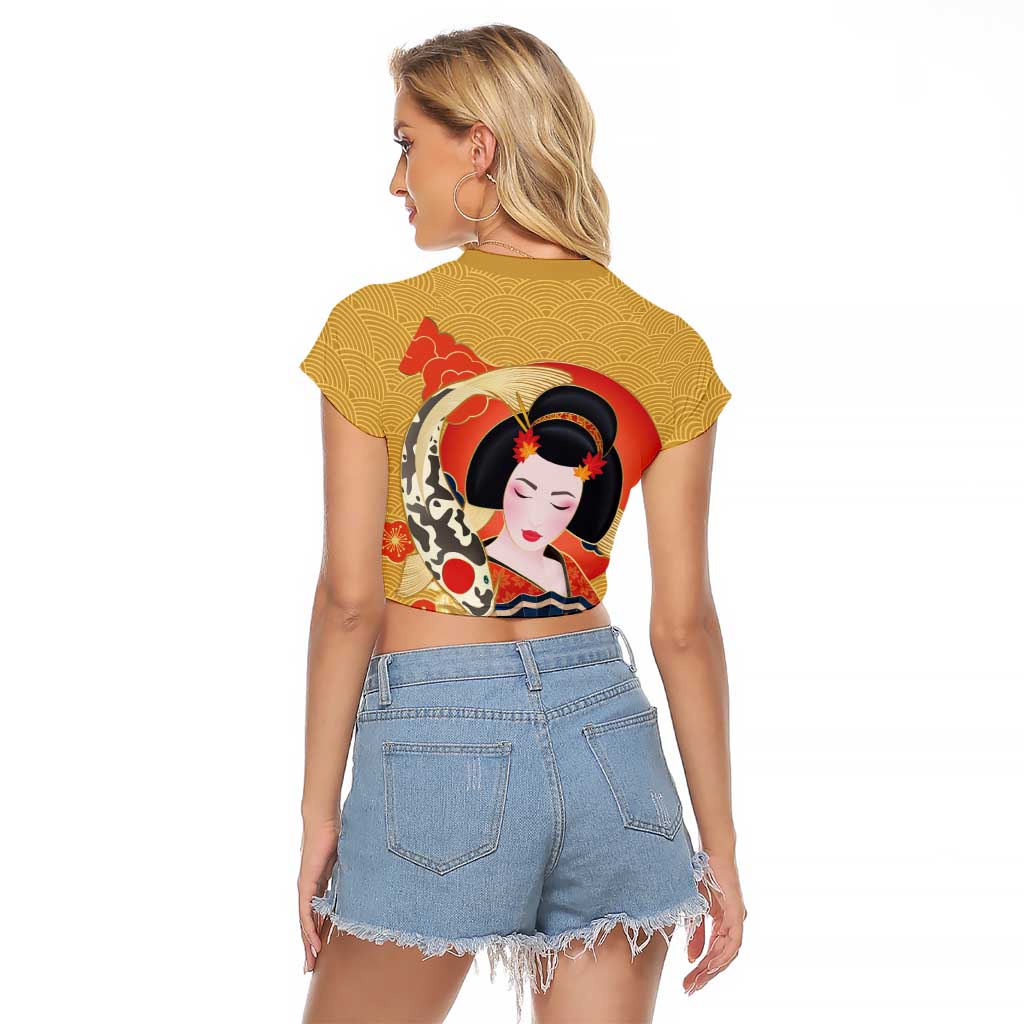 Japanese Geisha Koi Fish Raglan Cropped T Shirt Cherry Blossoms Yellow Seigaiha Pattern - Polynesian Pride