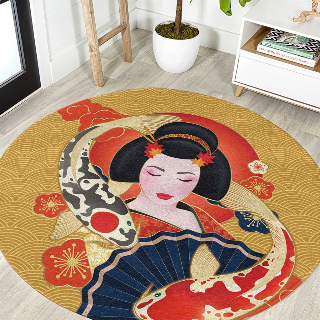 Japanese Geisha Koi Fish Round Carpet Cherry Blossoms Yellow Seigaiha Pattern LT14 Yellow - Polynesian Pride