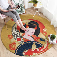 Japanese Geisha Koi Fish Round Carpet Cherry Blossoms Yellow Seigaiha Pattern LT14 - Polynesian Pride