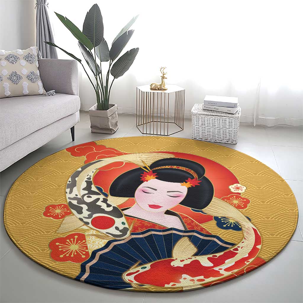 Japanese Geisha Koi Fish Round Carpet Cherry Blossoms Yellow Seigaiha Pattern LT14 - Polynesian Pride