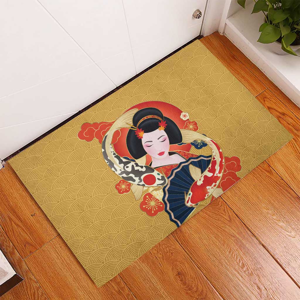 Japanese Geisha Koi Fish Rubber Doormat Cherry Blossoms Yellow Seigaiha Pattern LT14 - Polynesian Pride