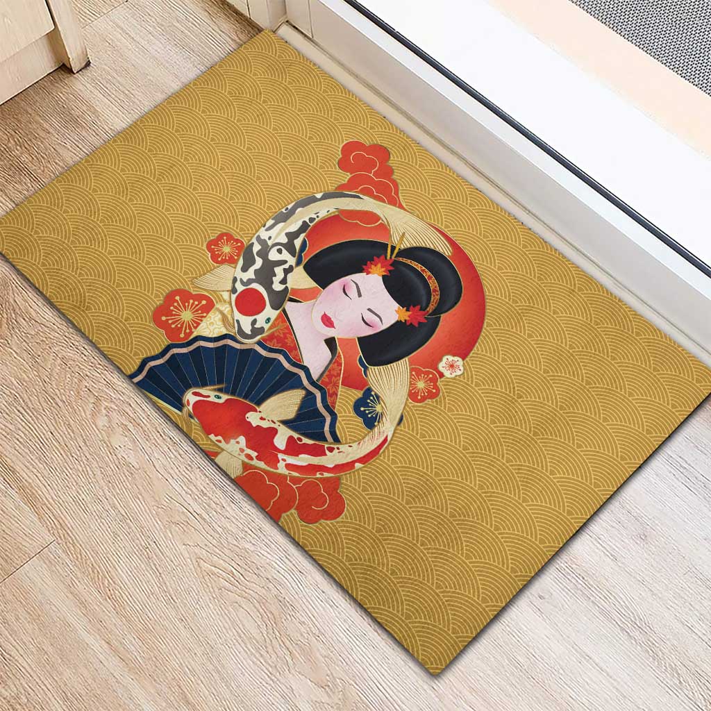 Japanese Geisha Koi Fish Rubber Doormat Cherry Blossoms Yellow Seigaiha Pattern LT14 - Polynesian Pride