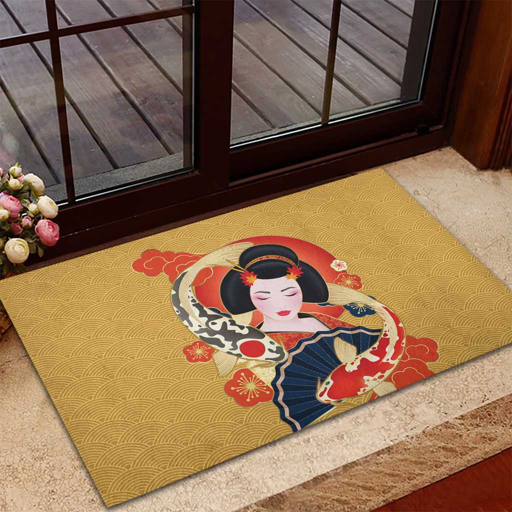 Japanese Geisha Koi Fish Rubber Doormat Cherry Blossoms Yellow Seigaiha Pattern LT14 - Polynesian Pride
