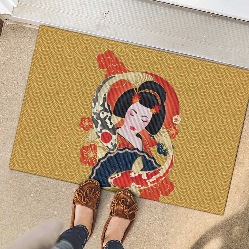 Japanese Geisha Koi Fish Rubber Doormat Cherry Blossoms Yellow Seigaiha Pattern LT14 - Polynesian Pride