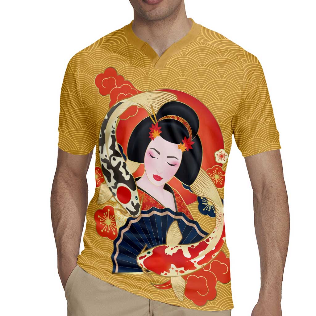 Japanese Geisha Koi Fish Rugby Jersey Cherry Blossoms Yellow Seigaiha Pattern LT14 - Polynesian Pride