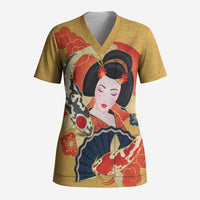 Japanese Geisha Koi Fish Scrub Top Cherry Blossoms Yellow Seigaiha Pattern LT14 Adult Yellow - Polynesian Pride