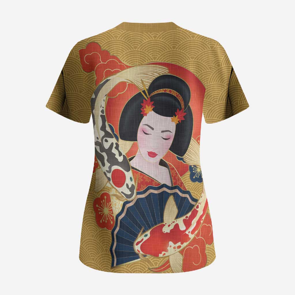 Japanese Geisha Koi Fish Scrub Top Cherry Blossoms Yellow Seigaiha Pattern LT14 - Polynesian Pride