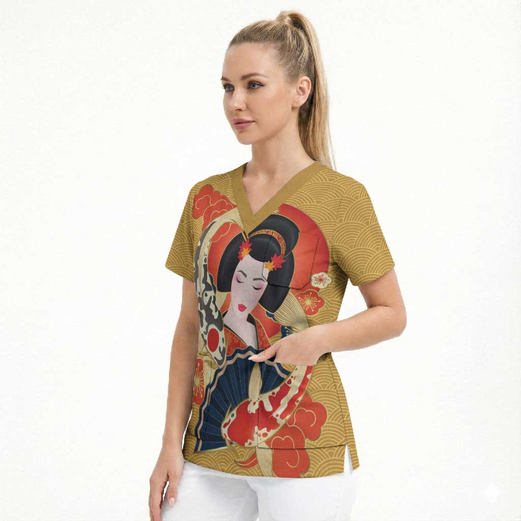 Japanese Geisha Koi Fish Scrub Top Cherry Blossoms Yellow Seigaiha Pattern LT14 - Polynesian Pride