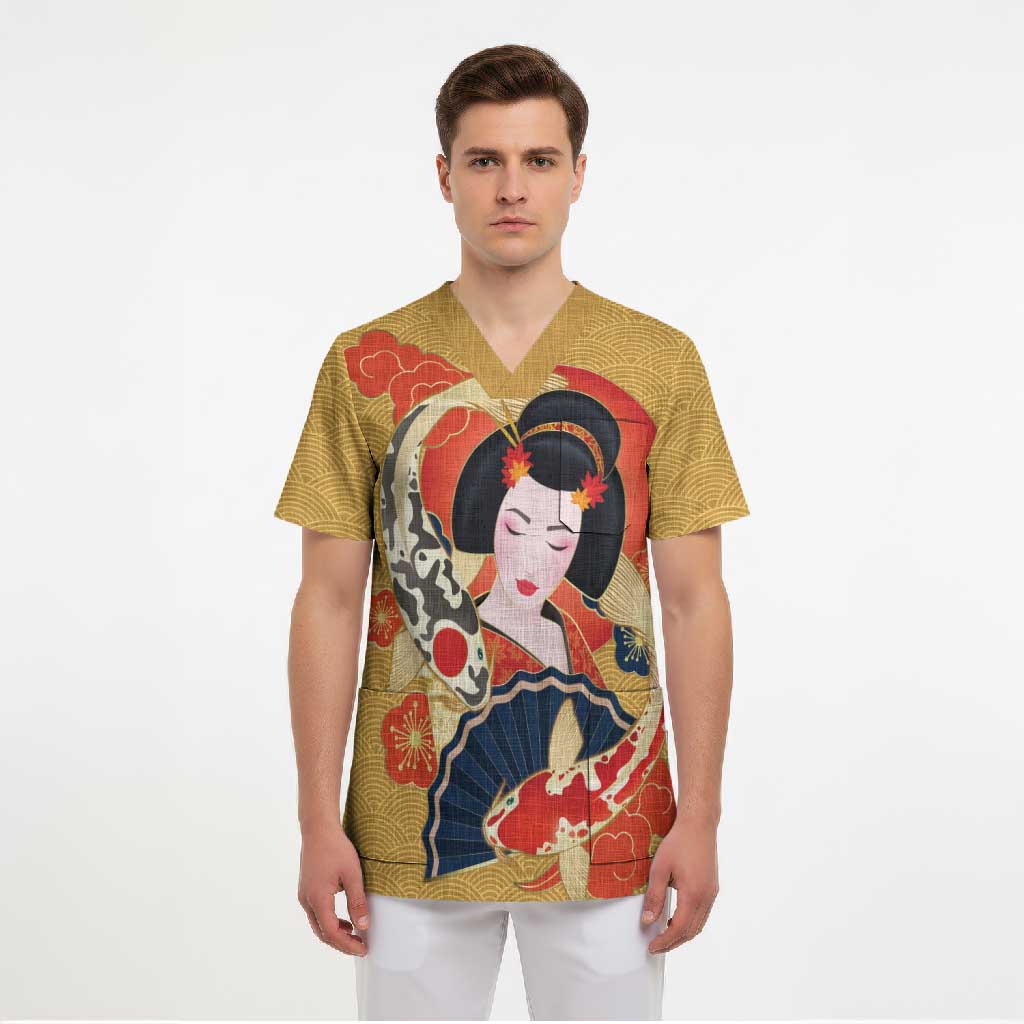 Japanese Geisha Koi Fish Scrub Top Cherry Blossoms Yellow Seigaiha Pattern LT14 - Polynesian Pride