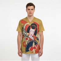 Japanese Geisha Koi Fish Scrub Top Cherry Blossoms Yellow Seigaiha Pattern LT14 - Polynesian Pride