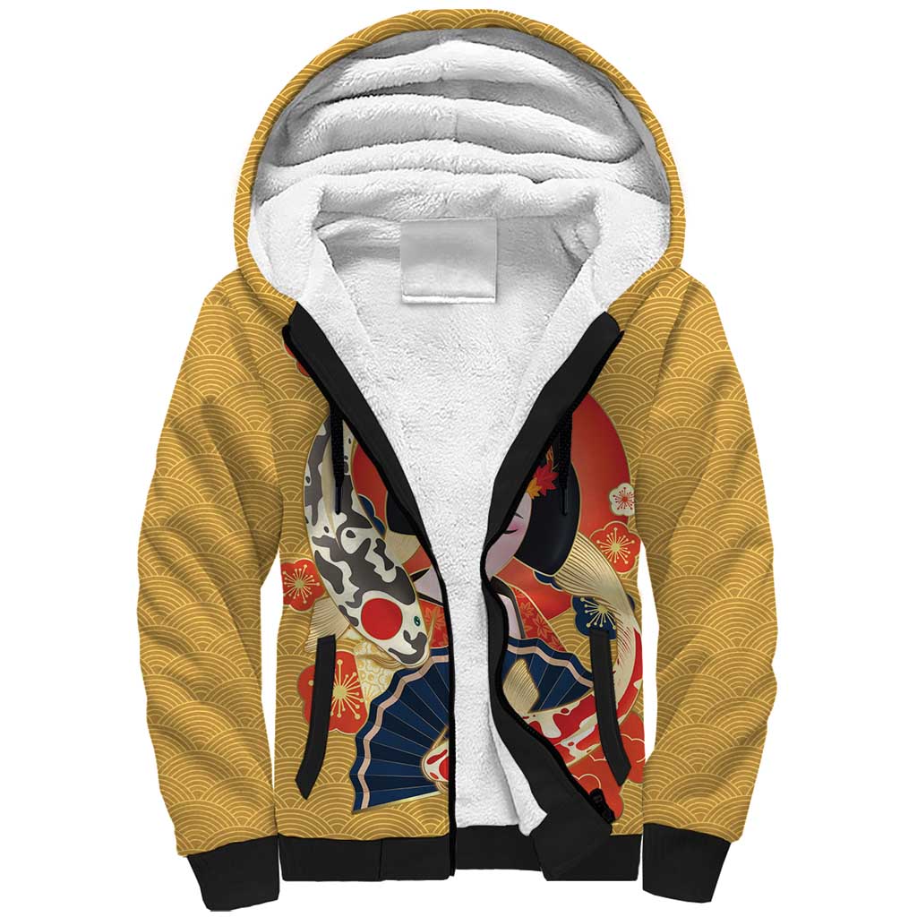 Japanese Geisha Koi Fish Sherpa Hoodie Cherry Blossoms Yellow Seigaiha Pattern - Polynesian Pride