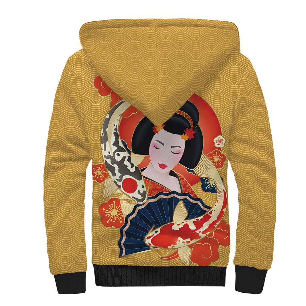 Japanese Geisha Koi Fish Sherpa Hoodie Cherry Blossoms Yellow Seigaiha Pattern - Polynesian Pride