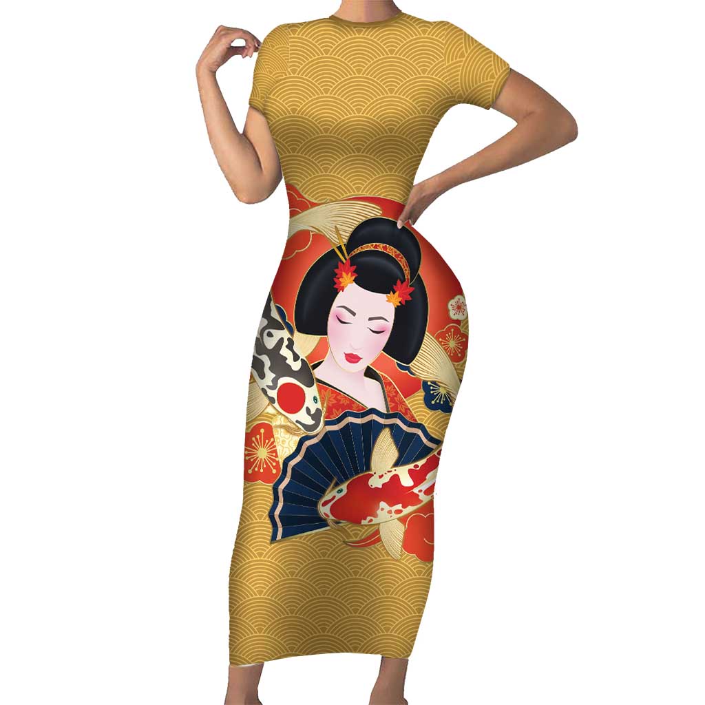 Japanese Geisha Koi Fish Short Sleeve Bodycon Dress Cherry Blossoms Yellow Seigaiha Pattern LT14 Long Dress Yellow - Polynesian Pride