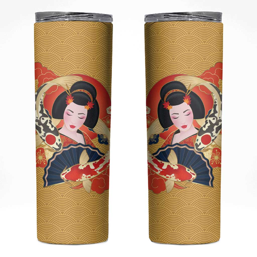 Japanese Geisha Koi Fish Skinny Tumbler Cherry Blossoms Yellow Seigaiha Pattern LT14 Yellow - Polynesian Pride