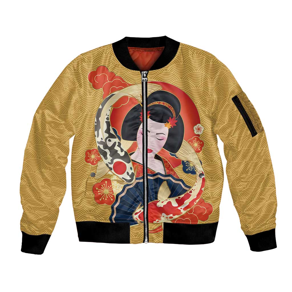 Japanese Geisha Koi Fish Sleeve Zip Bomber Jacket Cherry Blossoms Yellow Seigaiha Pattern LT14 Unisex Yellow - Polynesian Pride