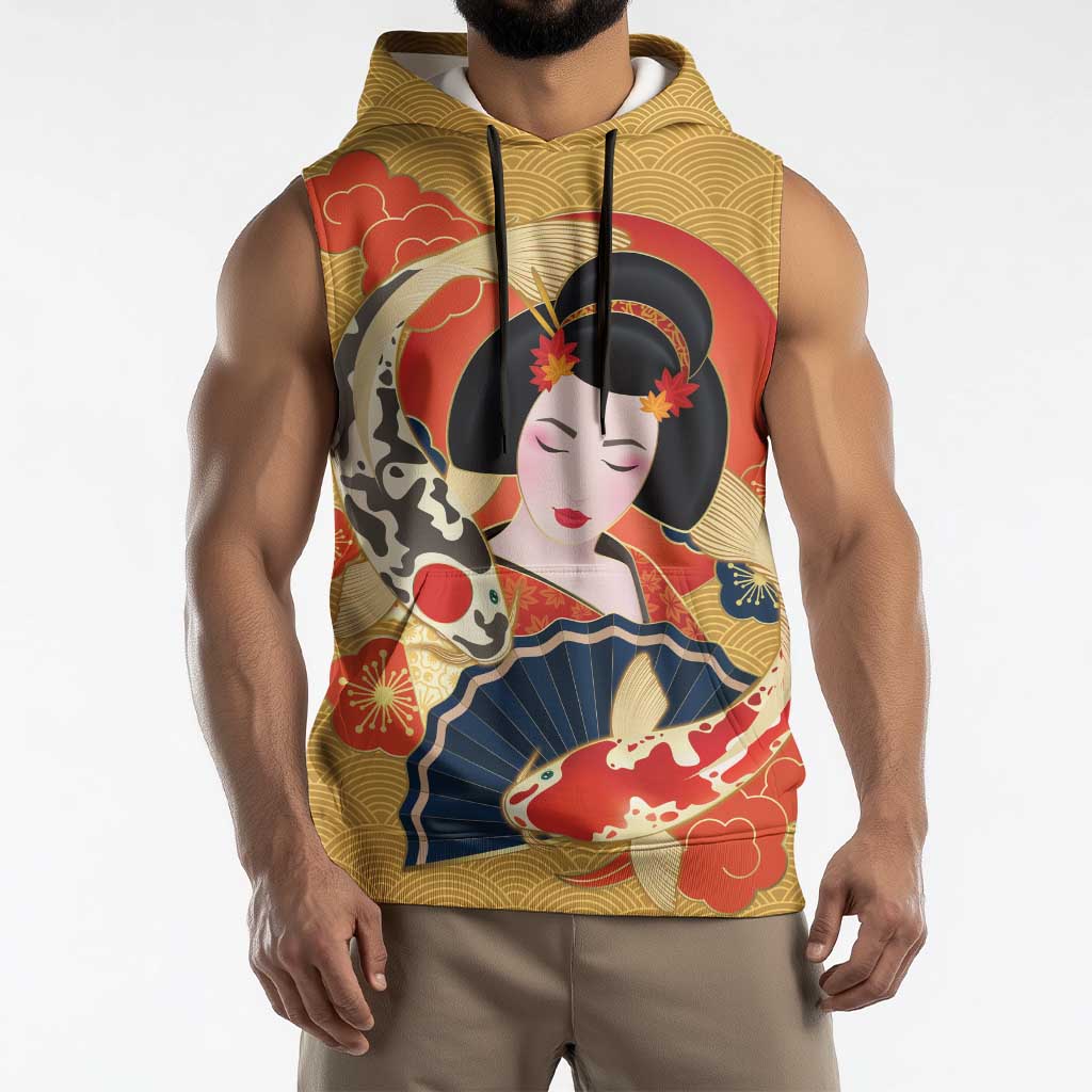 Japanese Geisha Koi Fish Sleeveless Hoodie Cherry Blossoms Yellow Seigaiha Pattern LT14 - Polynesian Pride