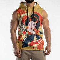 Japanese Geisha Koi Fish Sleeveless Hoodie Cherry Blossoms Yellow Seigaiha Pattern LT14 - Polynesian Pride
