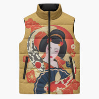 Japanese Geisha Koi Fish Sleeveless Puffer Jacket Cherry Blossoms Yellow Seigaiha Pattern LT14 Unisex Yellow - Polynesian Pride