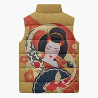 Japanese Geisha Koi Fish Sleeveless Puffer Jacket Cherry Blossoms Yellow Seigaiha Pattern LT14 - Polynesian Pride