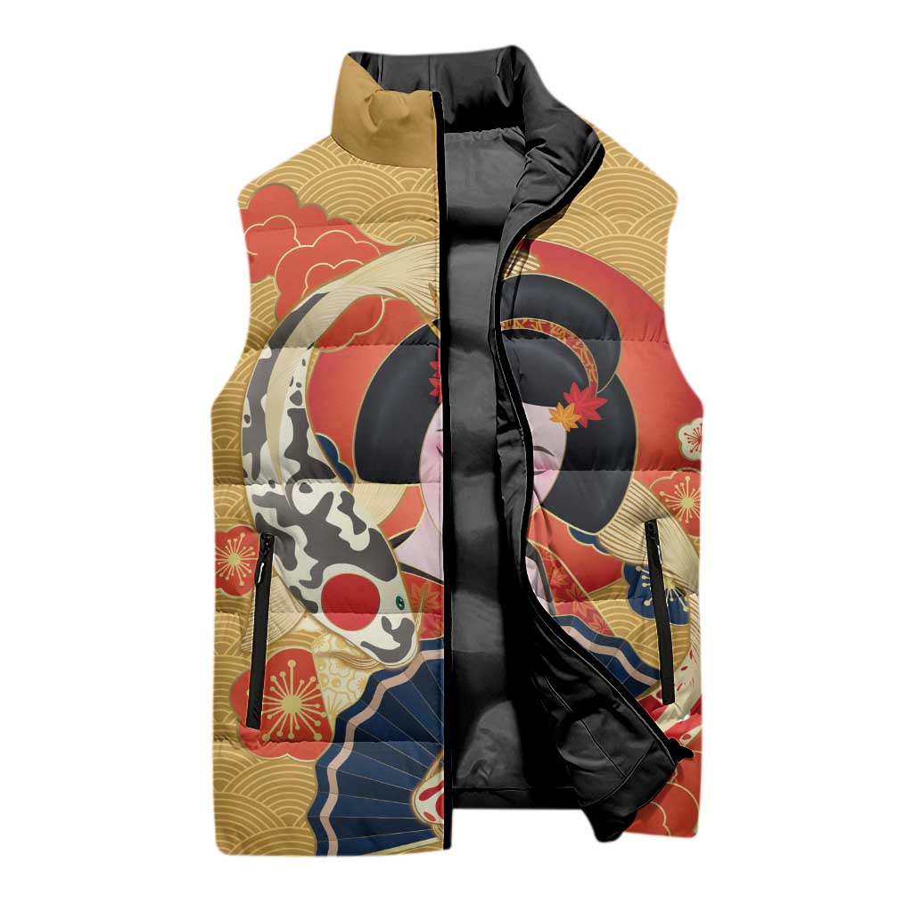 Japanese Geisha Koi Fish Sleeveless Puffer Jacket Cherry Blossoms Yellow Seigaiha Pattern LT14 - Polynesian Pride