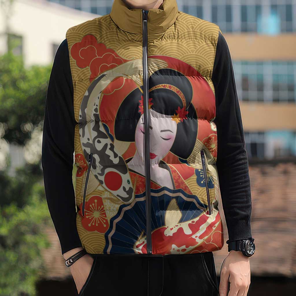 Japanese Geisha Koi Fish Sleeveless Puffer Jacket Cherry Blossoms Yellow Seigaiha Pattern LT14 - Polynesian Pride