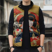 Japanese Geisha Koi Fish Sleeveless Puffer Jacket Cherry Blossoms Yellow Seigaiha Pattern LT14 - Polynesian Pride