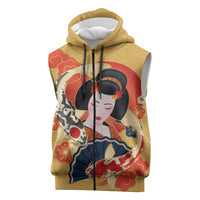 Japanese Geisha Koi Fish Sleeveless Zip Hoodie Cherry Blossoms Yellow Seigaiha Pattern LT14 Yellow - Polynesian Pride
