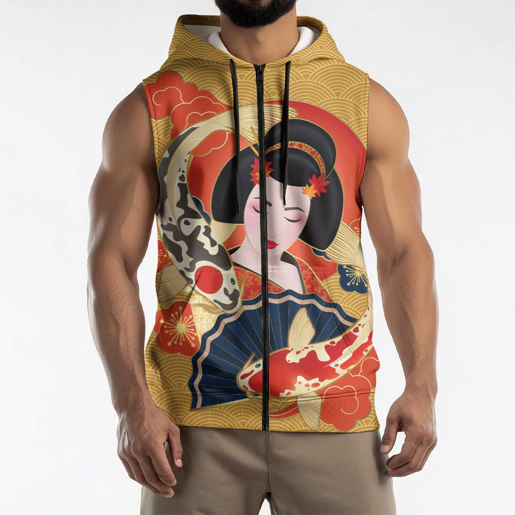 Japanese Geisha Koi Fish Sleeveless Zip Hoodie Cherry Blossoms Yellow Seigaiha Pattern LT14 - Polynesian Pride