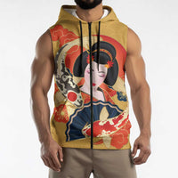 Japanese Geisha Koi Fish Sleeveless Zip Hoodie Cherry Blossoms Yellow Seigaiha Pattern LT14 - Polynesian Pride