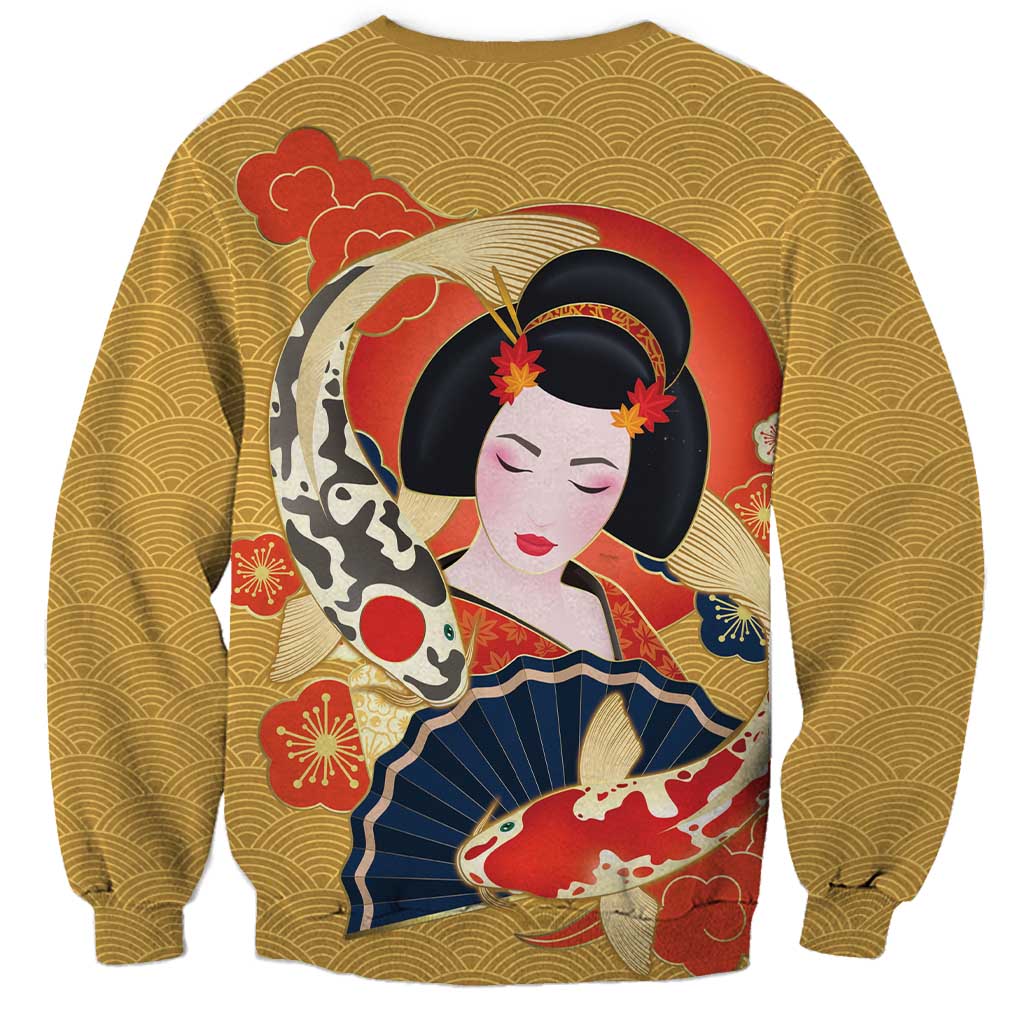 Japanese Geisha Koi Fish Sweatshirt Cherry Blossoms Yellow Seigaiha Pattern LT14 - Polynesian Pride
