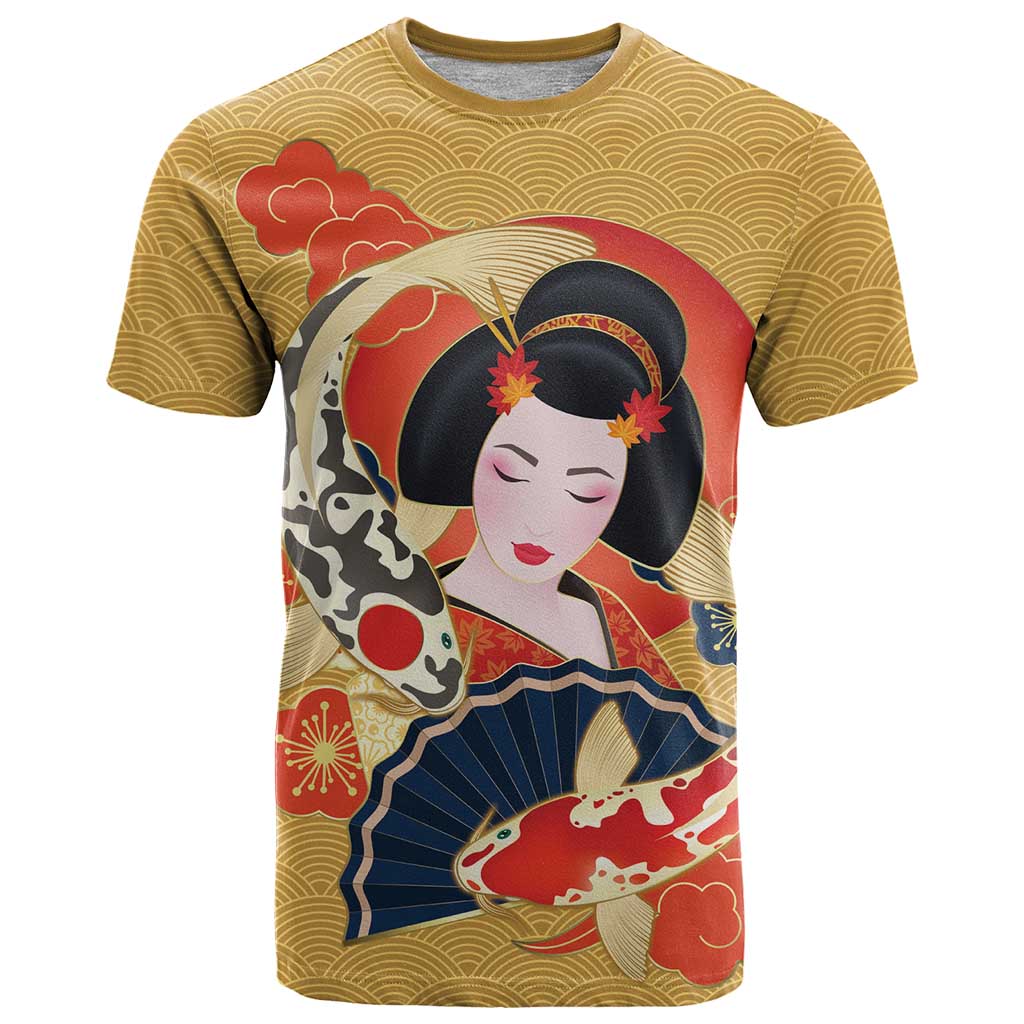 Japanese Geisha Koi Fish T Shirt Cherry Blossoms Yellow Seigaiha Pattern - Polynesian Pride