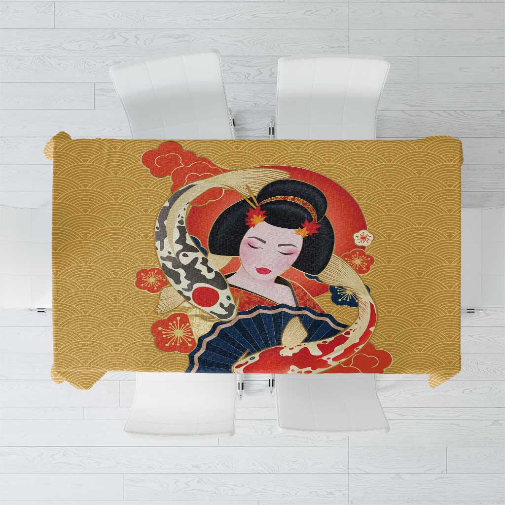 Japanese Geisha Koi Fish Tablecloth Cherry Blossoms Yellow Seigaiha Pattern LT14 Yellow - Polynesian Pride