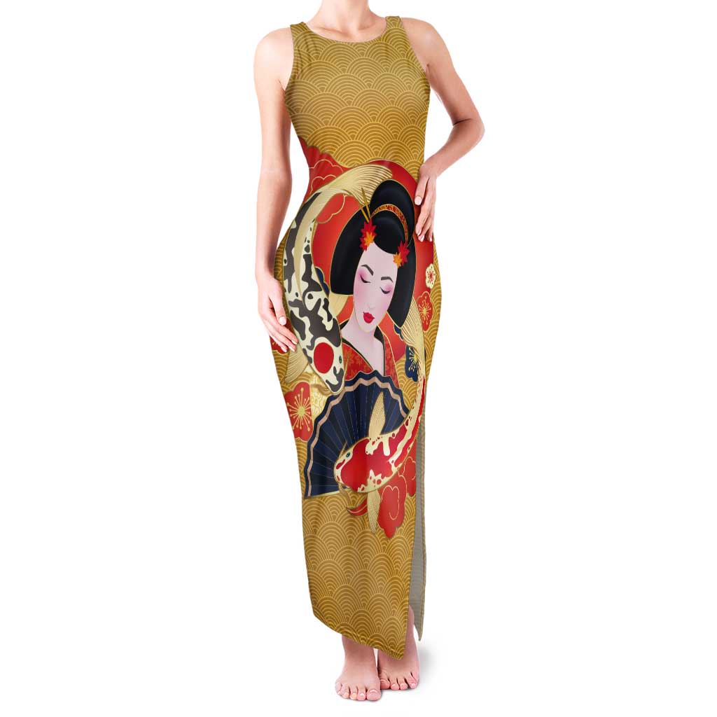 Japanese Geisha Koi Fish Tank Maxi Dress Cherry Blossoms Yellow Seigaiha Pattern LT14 Women Yellow - Polynesian Pride