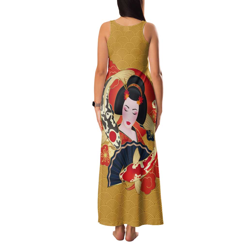 Japanese Geisha Koi Fish Tank Maxi Dress Cherry Blossoms Yellow Seigaiha Pattern LT14 - Polynesian Pride